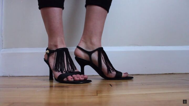 upgrade your strappy sandals with this easy fringe heels diy, Black fringe shoes