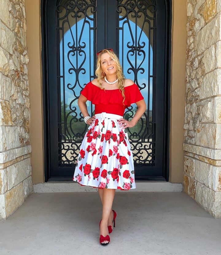 styling options for a red floral skirt from amazon