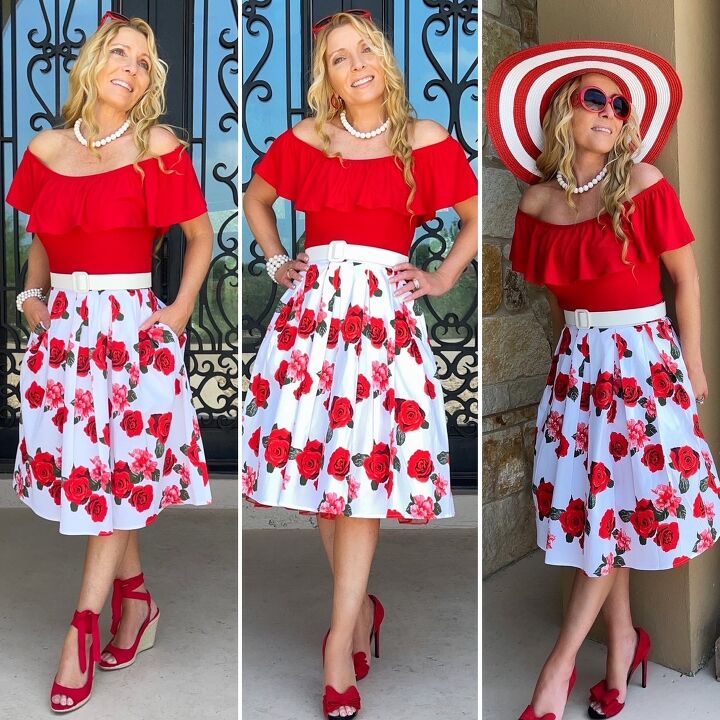 styling options for a red floral skirt from amazon
