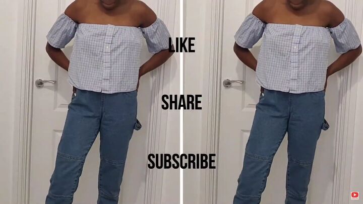 how to cut a shirt into a crop top with a cute off shoulder design, How to cut a shirt into a crop top