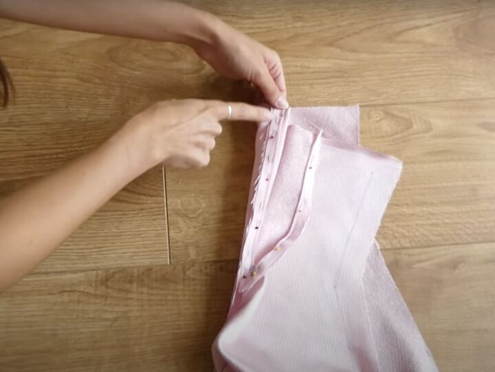 how to sew a dreamy diy ruffle dress out of old curtains, Sewing along the pinned edge