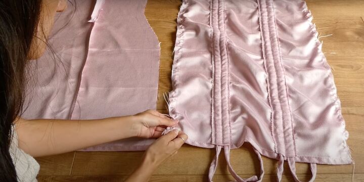 how to sew a dreamy diy ruffle dress out of old curtains, Sewing a basting stitch along the side of the skirt front
