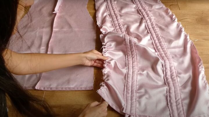how to sew a dreamy diy ruffle dress out of old curtains, Pulling the thread to gather the fabric
