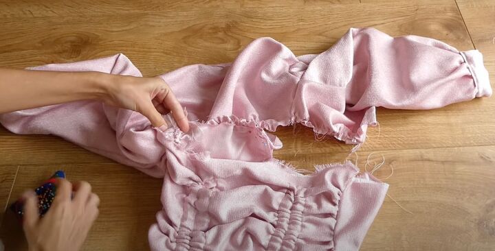 how to sew a dreamy diy ruffle dress out of old curtains, Sewing a basting stitch along the bottom of the bodice