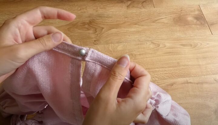 how to sew a dreamy diy ruffle dress out of old curtains, Attaching a button and neck closure