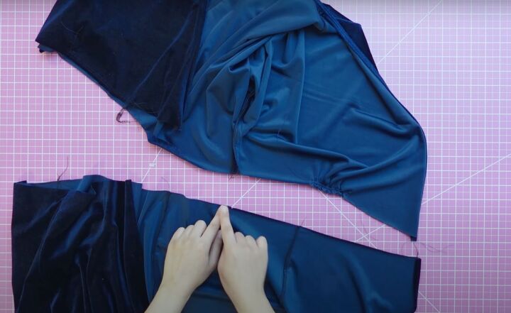 how to sew a cute velvet dress with a wrap top long flowy skirt, Attaching the top to the skirt
