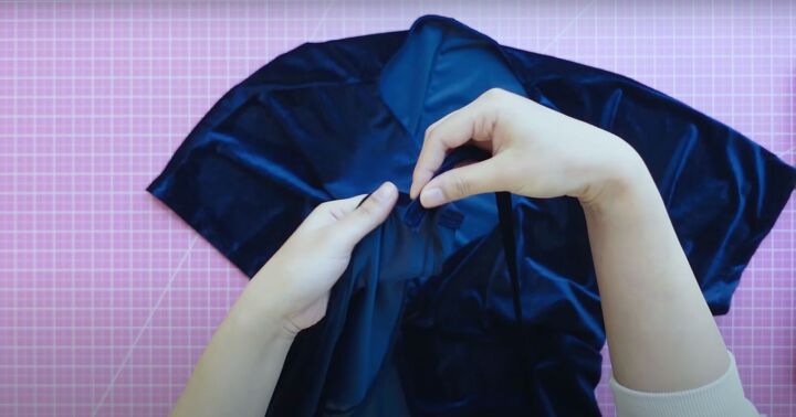 how to sew a cute velvet dress with a wrap top long flowy skirt, Attaching the waist ties