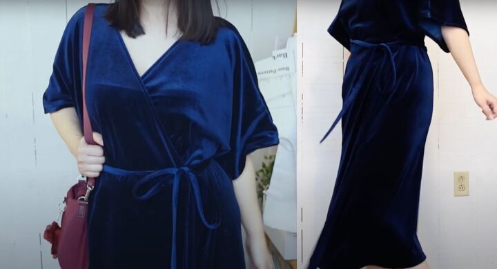 how to sew a cute velvet dress with a wrap top long flowy skirt, How to sew a velvet dress