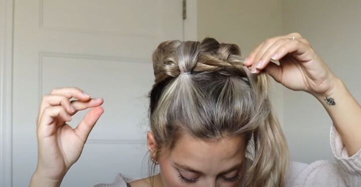 how to do a high bun wedding hair updo in 7 easy steps, Wrapping hair under the ponytail