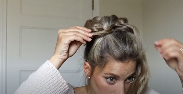 how to do a high bun wedding hair updo in 7 easy steps, Wrapping the twist around the elastic
