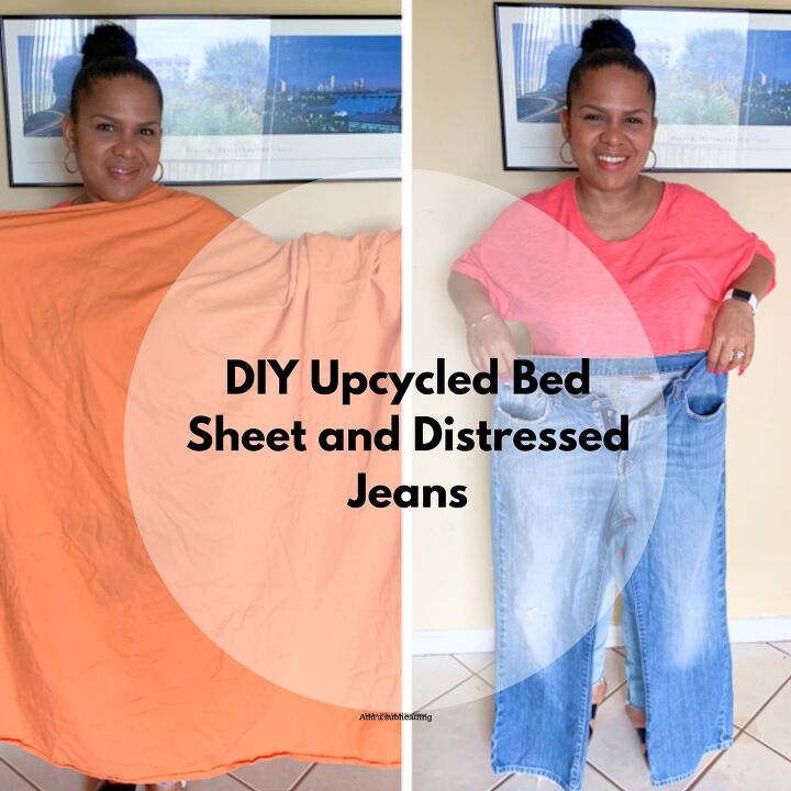 diy upcycled bed sheet and distressed jeans