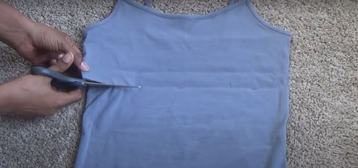 how to easily make a cute diy color block dress from 3 tank tops, Cutting out the top of the tank top