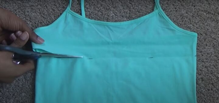how to easily make a cute diy color block dress from 3 tank tops, Cutting the third tank top
