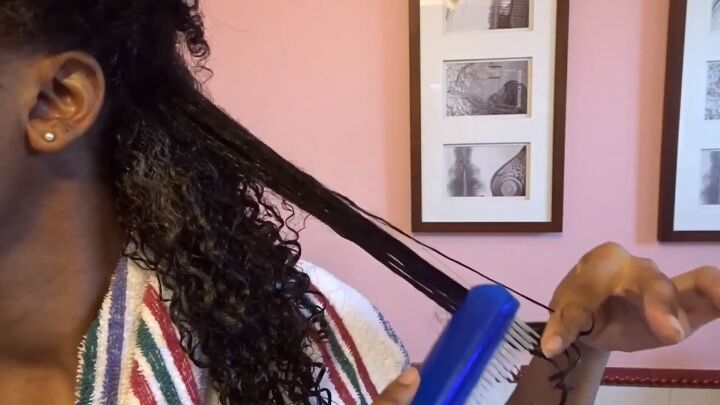 a simple 5 step wash go routine for frizz free natural hair, Using a brush to clump curls together