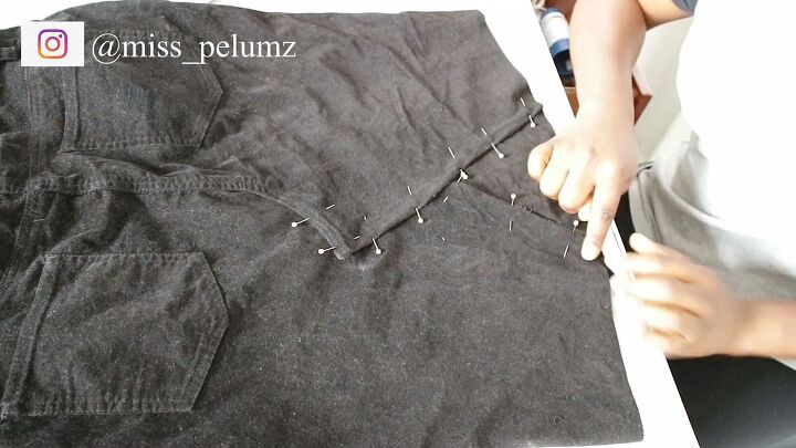 how to turn pants into a skirt easy diy corduroy skirt tutorial, Pinning and sewing the DIY skirt