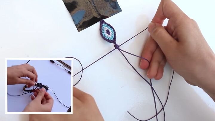 how to make an evil eye bracelet using easy macrame techiques, How to make a wristband with square knots