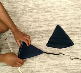 how to make a cute diy triangle bralette out of old track pants, Adding elastic to the triangles