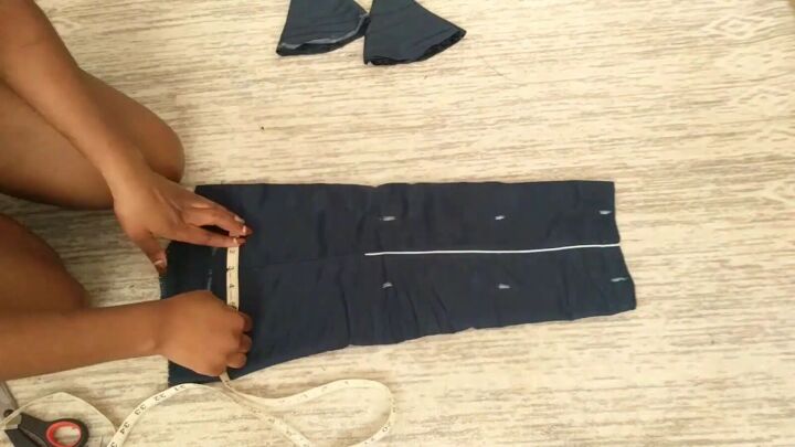 how to make a cute diy triangle bralette out of old track pants, Measuring the band