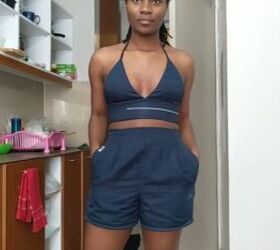 how to make a cute diy triangle bralette out of old track pants, DIY triangle bralette with matching shorts