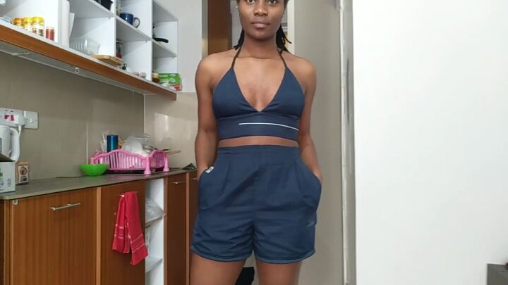 how to make a cute diy triangle bralette out of old track pants, DIY triangle bralette with matching shorts