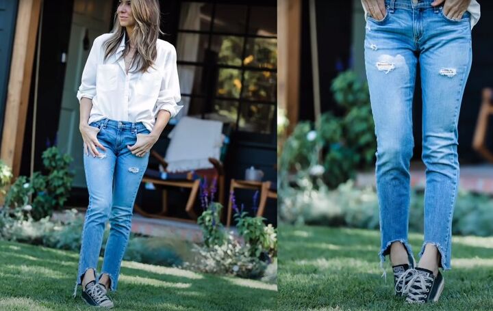 how to fray jeans in 7 different ways distress crop fray more, How to cut the bottom of jeans