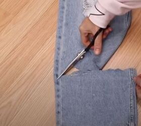 how to fray jeans in 7 different ways distress crop fray more, Cutting the bottom off the jean legs