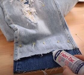 how to fray jeans in 7 different ways distress crop fray more, Using fabric glue instead of sewing