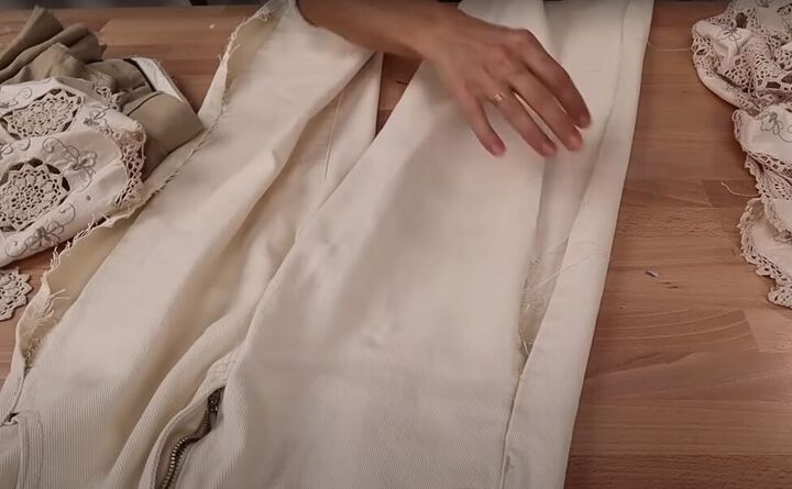 how to make a free people inspired top pants out of a tablecloth, Opening the outside pant seams