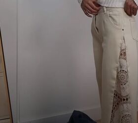 how to make a free people inspired top pants out of a tablecloth, Pinning the panels while wearing the pants