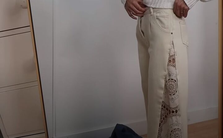 how to make a free people inspired top pants out of a tablecloth, Pinning the panels while wearing the pants