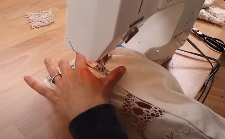 how to make a free people inspired top pants out of a tablecloth, Sewing the panels with a sewing machine