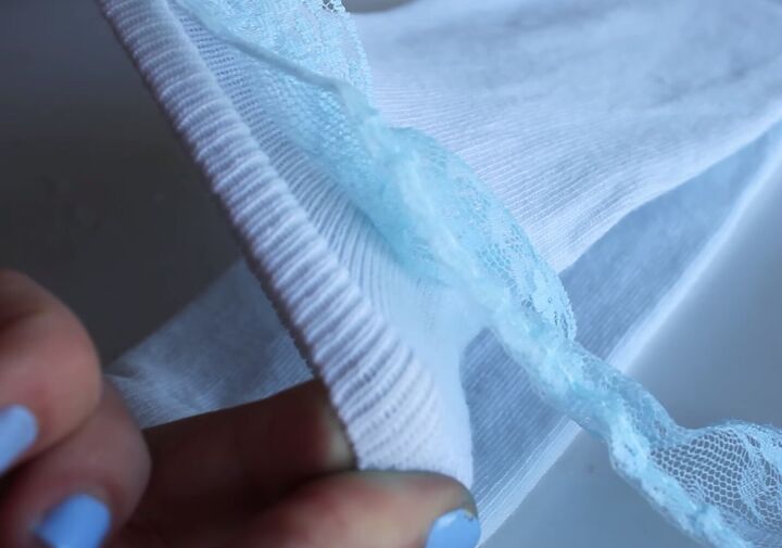new old borrowed blue how to make cute frilly socks for a bride, Attaching the lace trim to the socks