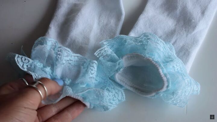 new old borrowed blue how to make cute frilly socks for a bride, Attaching a second layer of lace trim