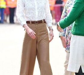 kate middleton s casual style how to dress like an off duty duchess, Kate Middleton outfit with tan culottes and a white top