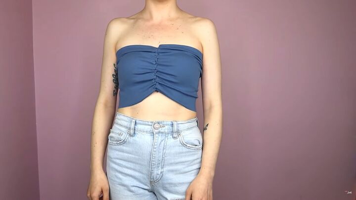 how to make a no sew no glue diy skirt and tube top using t shirts, DIY tube top from the front