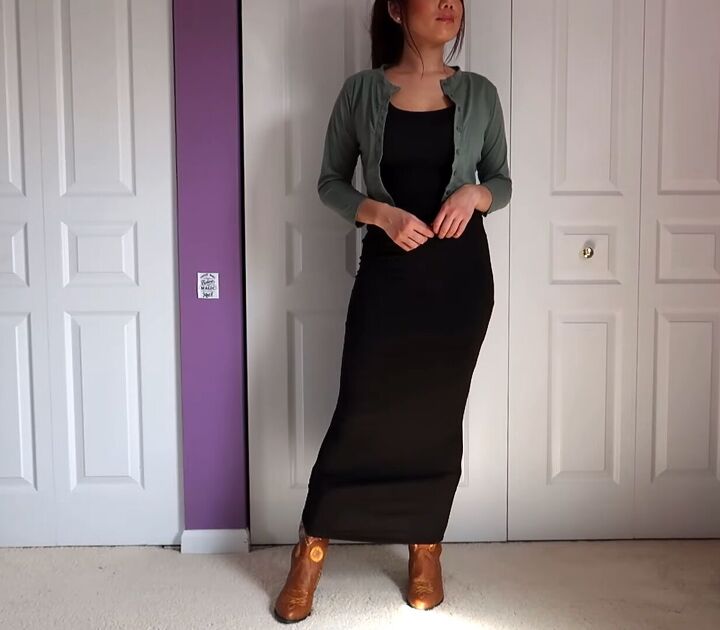 how to style a black maxi dress in 9 different trendy ways, What jacket to wear with black maxi dress