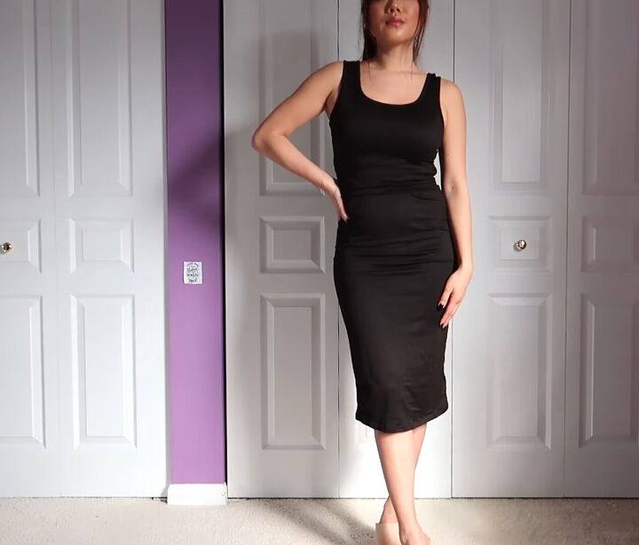 how to style a black maxi dress in 9 different trendy ways, Creating a ruched effect with the black maxi dress