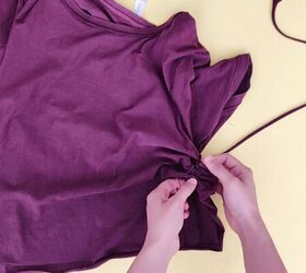 how to make a zara inspired diy ruched top out of an old t shirt, Feeding the drawstrings through the tunnels