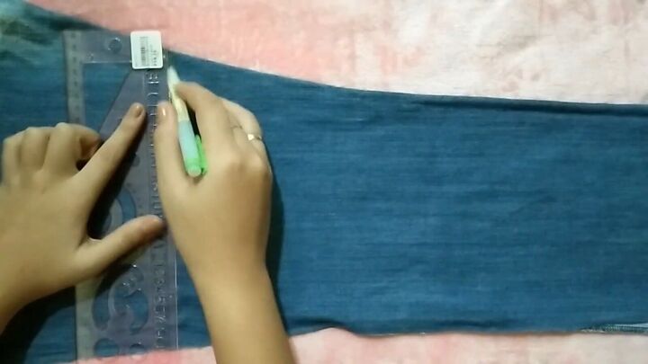 how to make a cute diy denim top out of old jeans, Marking a pattern for the top