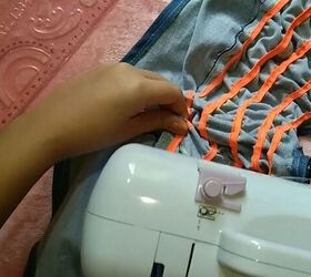 how to make a cute diy denim top out of old jeans, Sewing elastic