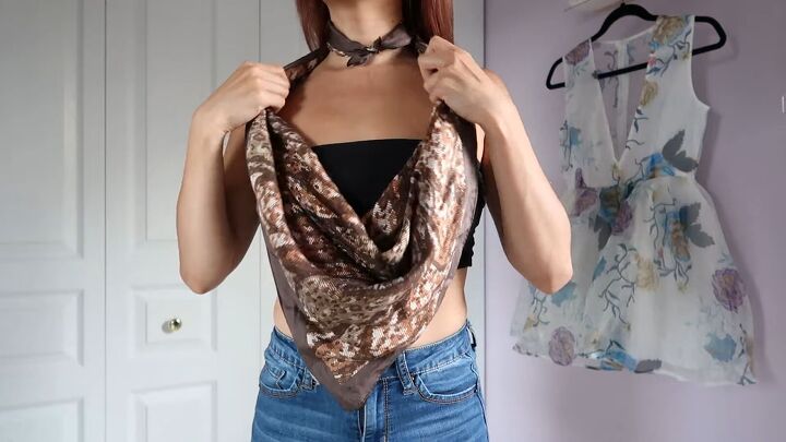 how to tie a silk scarf as a top 9 trendy ways to wear a silk scarf, Pulling the scarf down