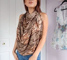 how to tie a silk scarf as a top 9 trendy ways to wear a silk scarf, DIY draped halter top with a silk scarf