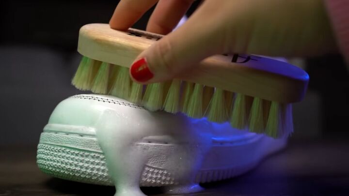 how to make textured diy croc skin sneakers with a wood burning tool, Cleaning the sneakers