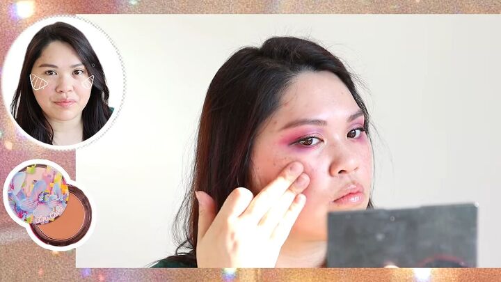 this cute pink purple smokey eye look is perfect for summer, Applying blush with fingers