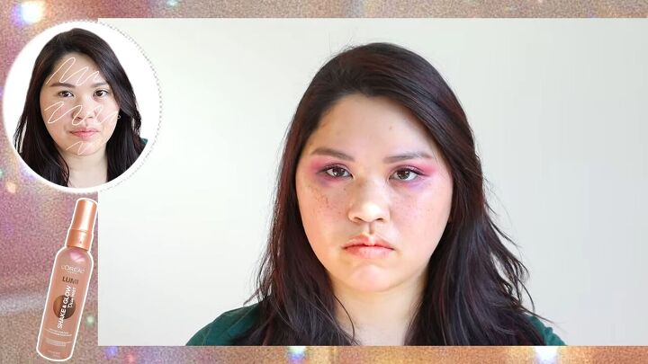 this cute pink purple smokey eye look is perfect for summer, Setting makeup with setting spray