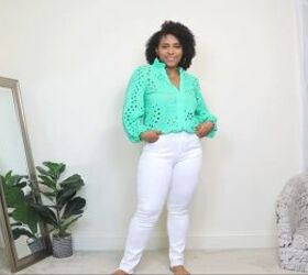4 bold bright colorful summer vacation outfits to take on your trip, Wearing a bright blouse with white jeans