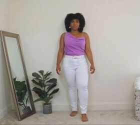 how to wear white jeans in summer 1 pair of jeans 4 cute outfits, White jeans with a purple top