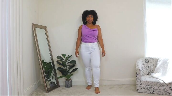 how to wear white jeans in summer 1 pair of jeans 4 cute outfits, White jeans with a purple top