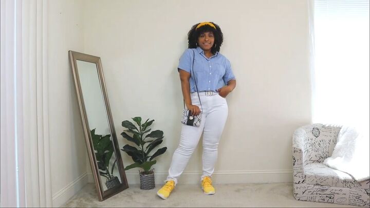 how to wear white jeans in summer 1 pair of jeans 4 cute outfits, White jeans with pops of blue and yellow