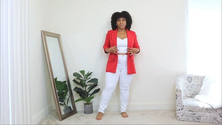 how to wear white jeans in summer 1 pair of jeans 4 cute outfits, White jeans with a red blazer